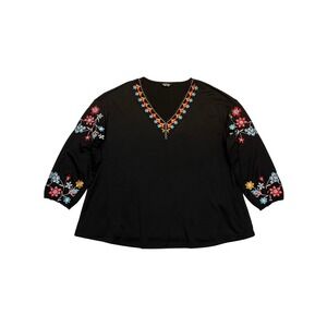 Bloomchic Black Embroidered Floral Boho Peasant Festival V-Neck Top Size 18-20
